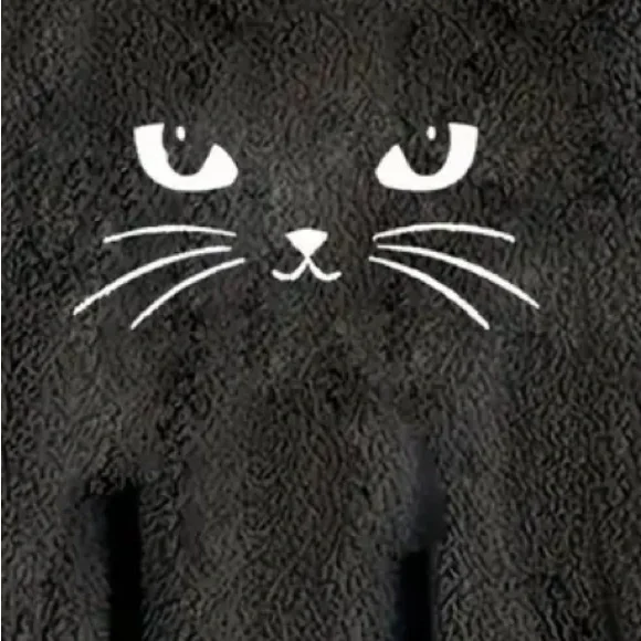 🆕 Cat Print Plush Hoodie, Long Sleeve Button Down Sweatshirt, Casual Dipped Hem - Picture 7 of 9